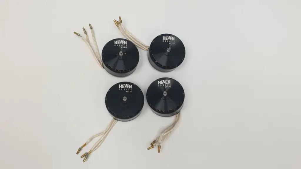 Four used HEVEN DRONES KV170 brushless motors with gold bullet connectors