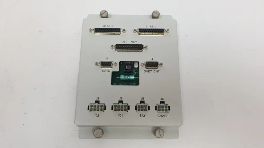 Applied Materials 50312441000 UI Switch Board on its metal plate, with labelled D-sub and multi-pin connectors