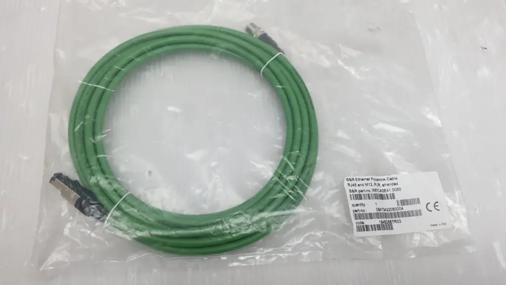 B&R X67CA0E41.0050 green RJ45 to M12 POWERLINK cable in its bag with B&R label
