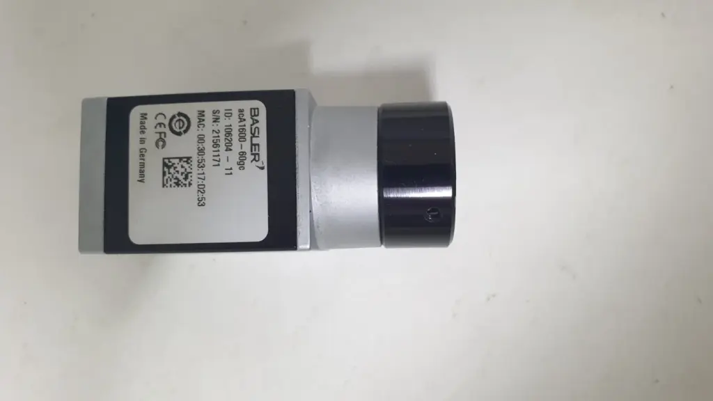 Basler acA1600-60gc GigE colour camera body with Basler label and front lens mount
