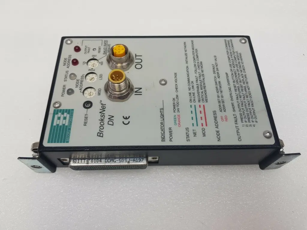 Brooks Automation BrooksNet DN module 002-8421-02, front panel with switches, LEDs and IN/OUT ports