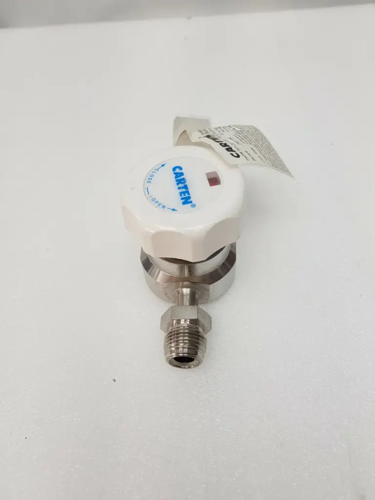 Carten SPDS 500 diaphragm valve with white CLOSE/OPEN handwheel and certificate tag