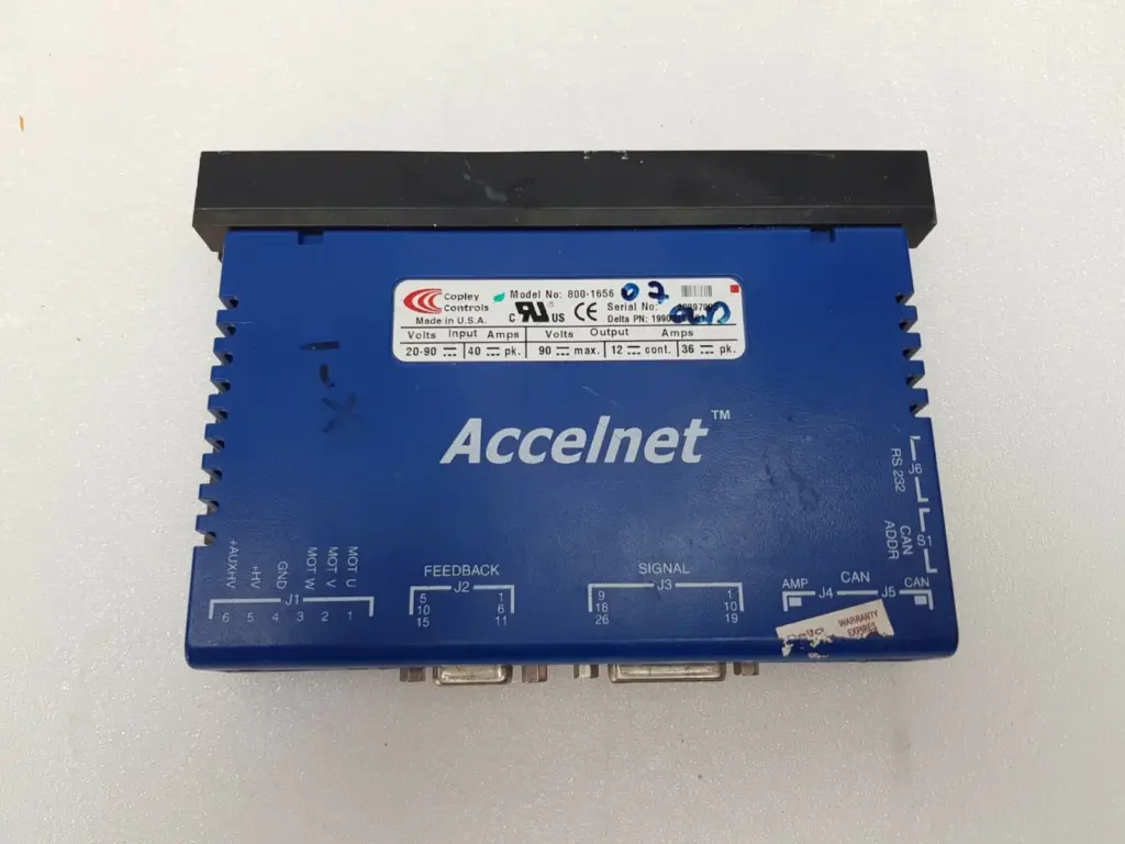Copley Controls Accelnet 800-1656 servo drive, top view with nameplate and connector legend