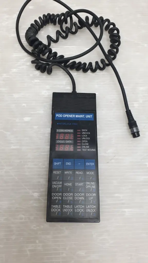Daifuku Pod Opener Maint. Unit handheld pendant with coiled cable and round connector