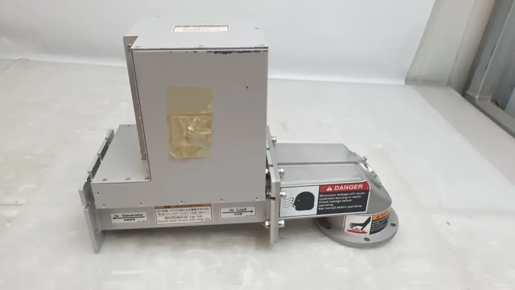 Daihen SMA-20B 2450 MHz 2 kW microwave waveguide unit, side view with warning labels