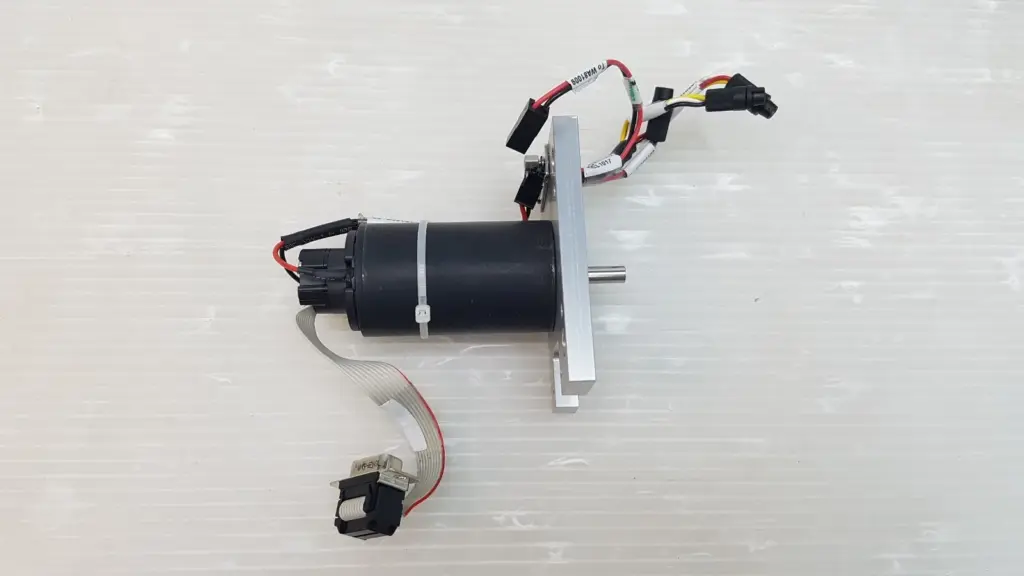 Faulhaber 3863H048C DC motor assembly on an aluminium bracket with cables