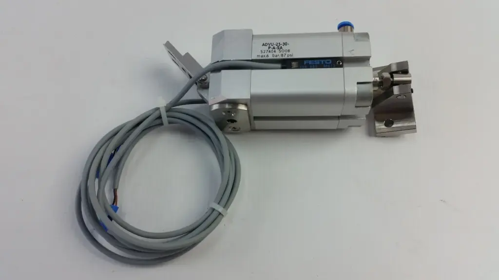 Festo ADVU-25-30-P-A-SA compact cylinder with two sensors and rod-end bracket