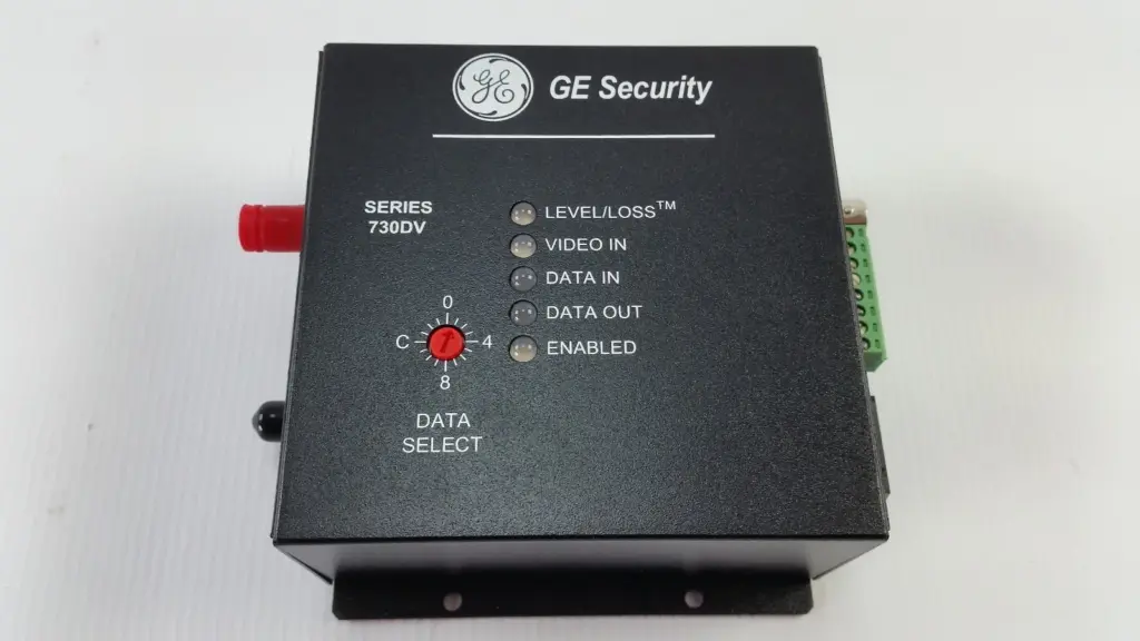GE Security Series 730DV S730DVT-EST2 fiber video transmitter, front panel with status LEDs and DATA SELECT switch