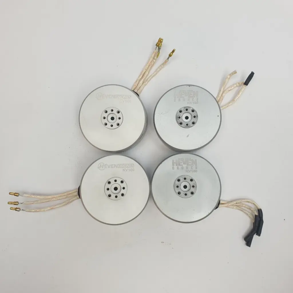 Four used HEVEN DRONES KV100 brushless motors with braided leads