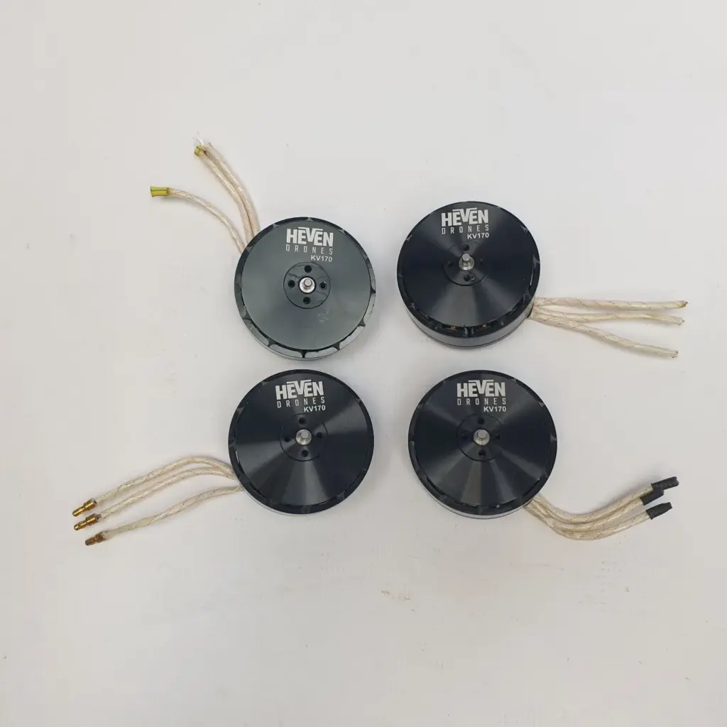 Four used HEVEN DRONES KV170 black brushless motors with braided leads