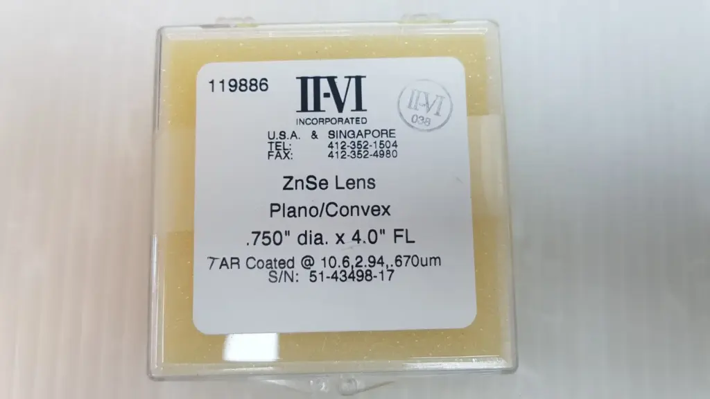 II-VI ZnSe plano-convex lens case: .750 in dia x 4.0 in FL, AR coated at 10.6, 2.94, .670 µm