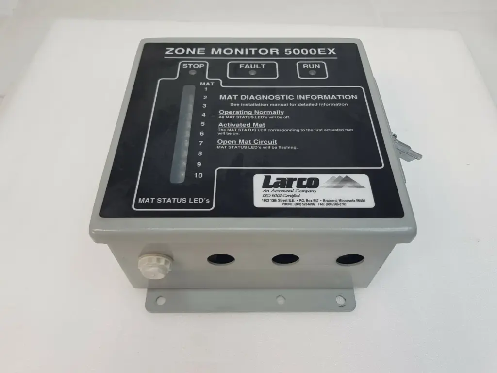 Larco Zone Monitor 5000EX safety mat control in a grey wall-mount enclosure