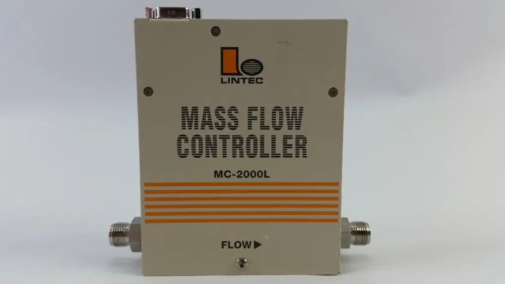 LINTEC MC-2000L mass flow controller, front view with flow arrow and stainless fittings
