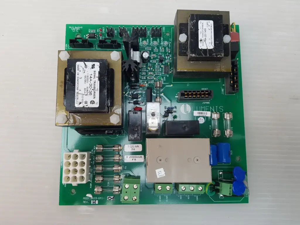 Used Lumenis ASSY 0633-641-01 Rev H AC power PCB with two transformers and fuse row
