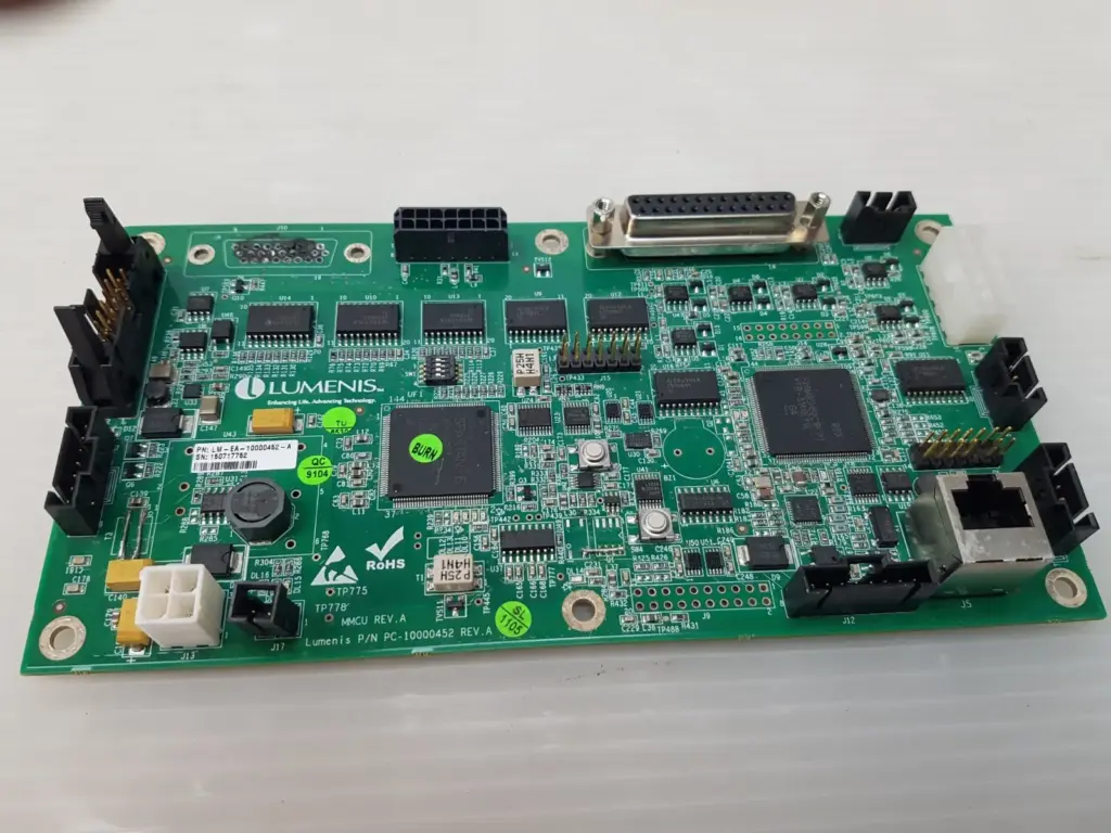 Lumenis LM-EA-10000452-A MMCU board; the J10 D-sub position at the top left is empty