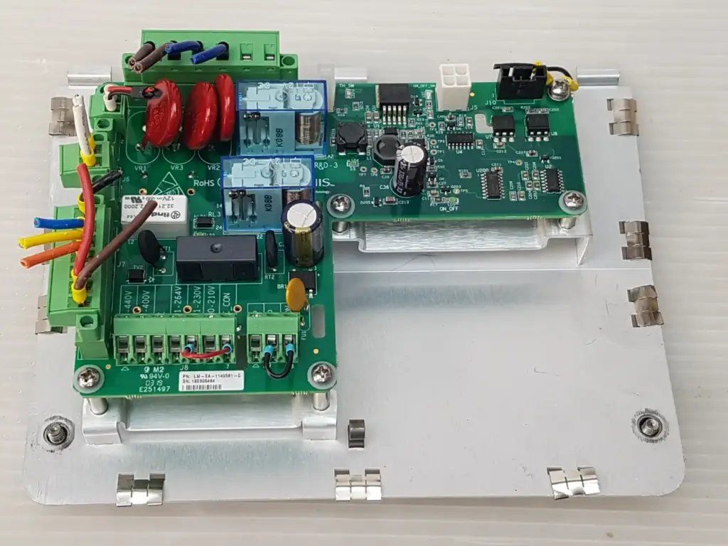Lumenis LM-EA-1149581-G AC board PC-1149581 mounted on its aluminium plate, with wiring leads