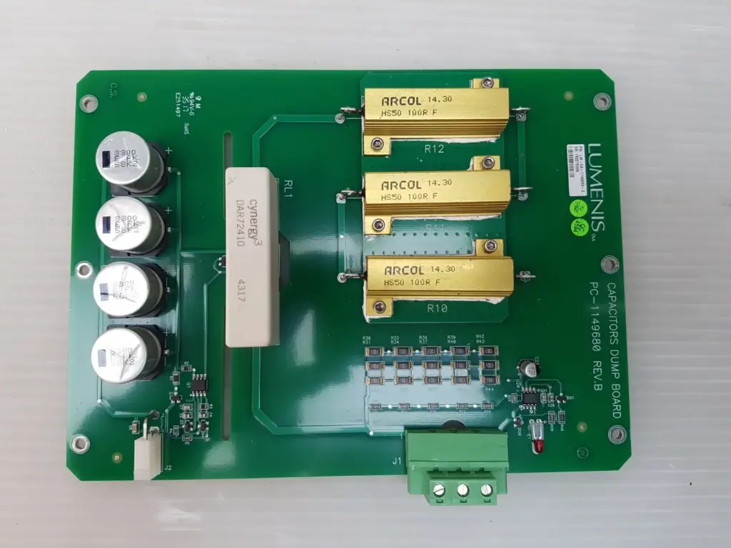 Lumenis LM-EA-1149680-E capacitors dump board with three Arcol resistors, reed relay and four capacitors