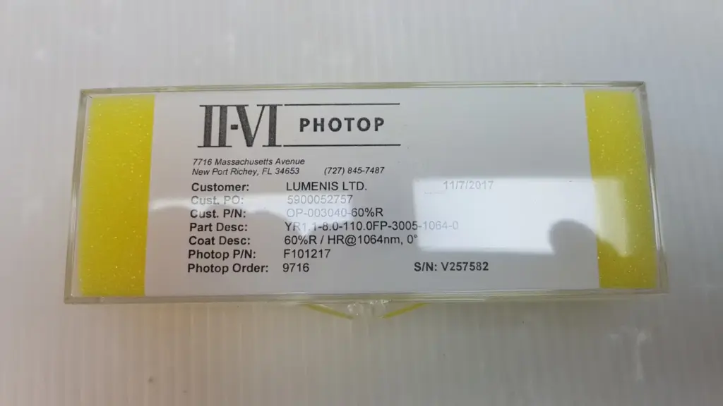 II-VI Photop case label: Lumenis OP-003040-60%R, coating 60%R / HR@1064nm, Photop P/N F101217