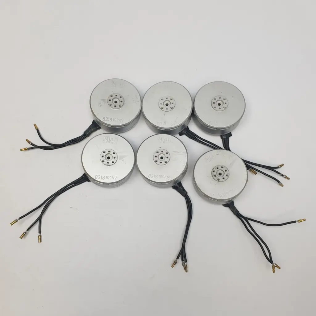 Six MIAT Components 8318 100KV brushless drone motors with black leads and bullet connectors