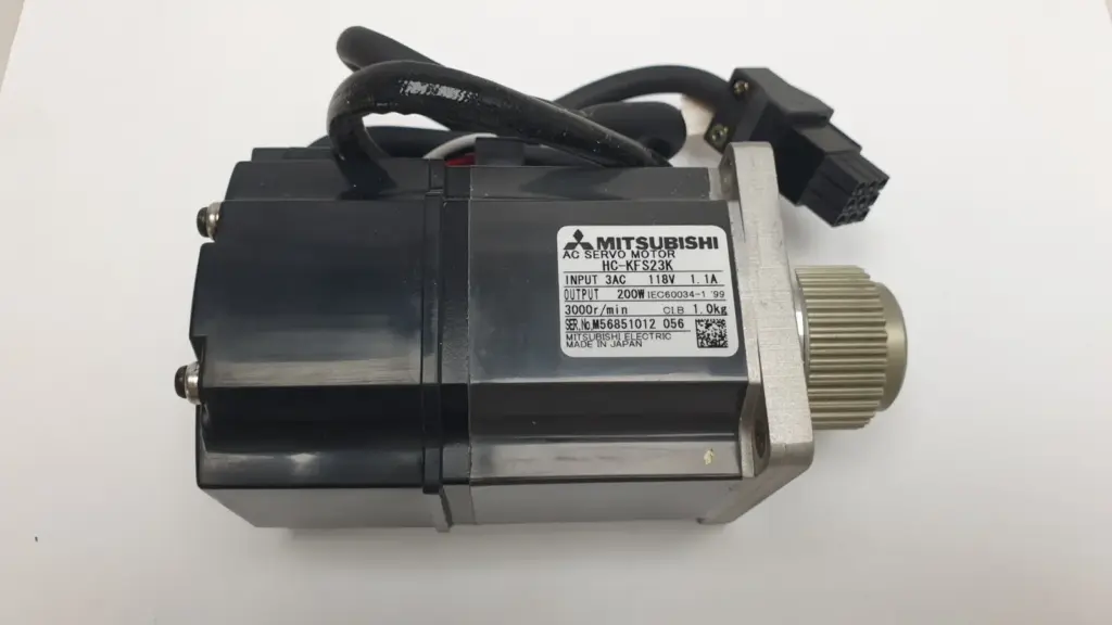 Mitsubishi HC-KFS23K 200 W AC servo motor with nameplate, timing pulley and power and encoder leads