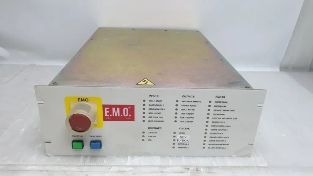 MKS ASTeX SA86281 control chassis front panel with E.M.O. button and status LEDs