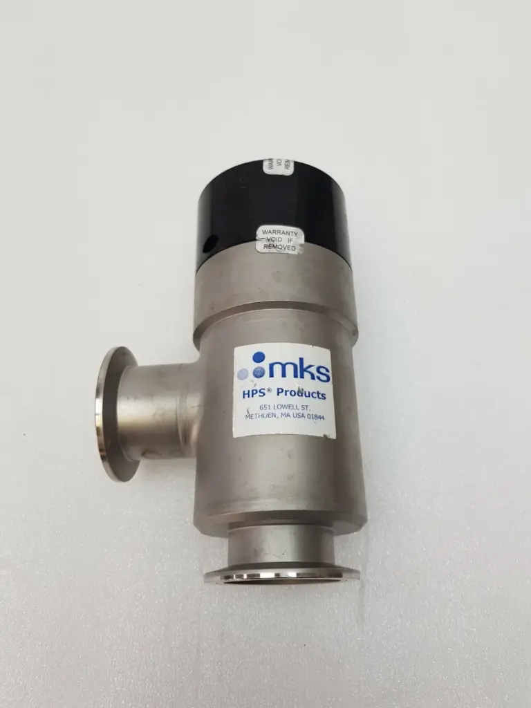 MKS HPS Products right-angle vacuum valve 796-001604-004 with black actuator housing