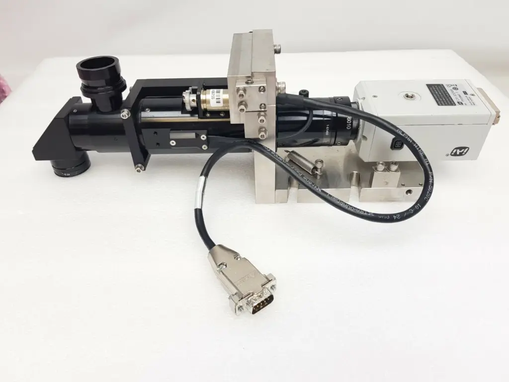 Navitar zoom assembly with 1-51490 right angle, geared motor and JAI CV-S3300 camera on a metal bracket