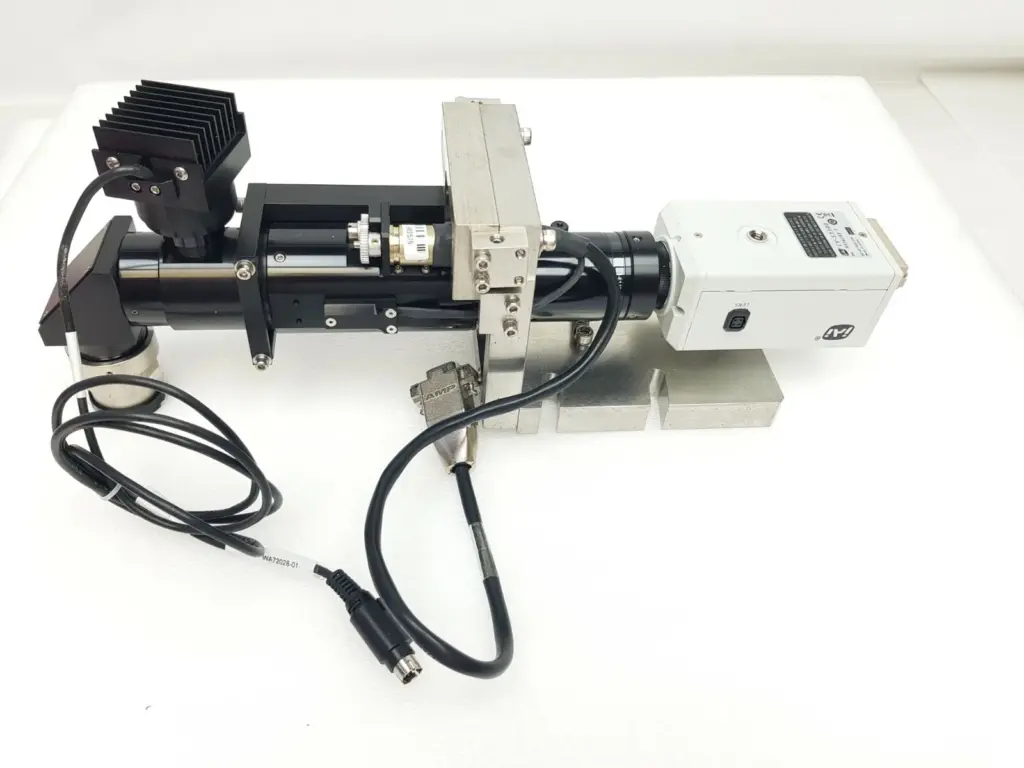 Navitar folded microscope assembly with finned LED head, right angle attachment and JAI CV-S3300 camera
