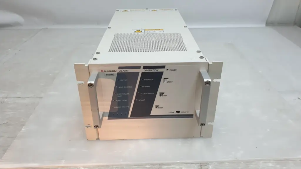 Shimadzu EI-3203MD-A1 turbomolecular pump controller with rack flanges, front view