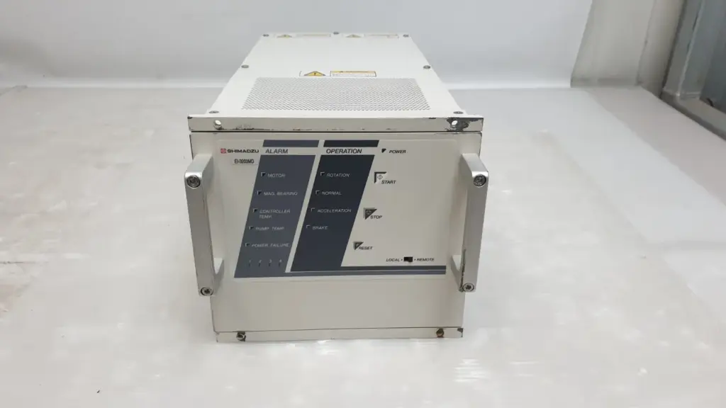 Shimadzu EI-3203MD TMP power unit, front panel with alarm and operation lamps and carry handles