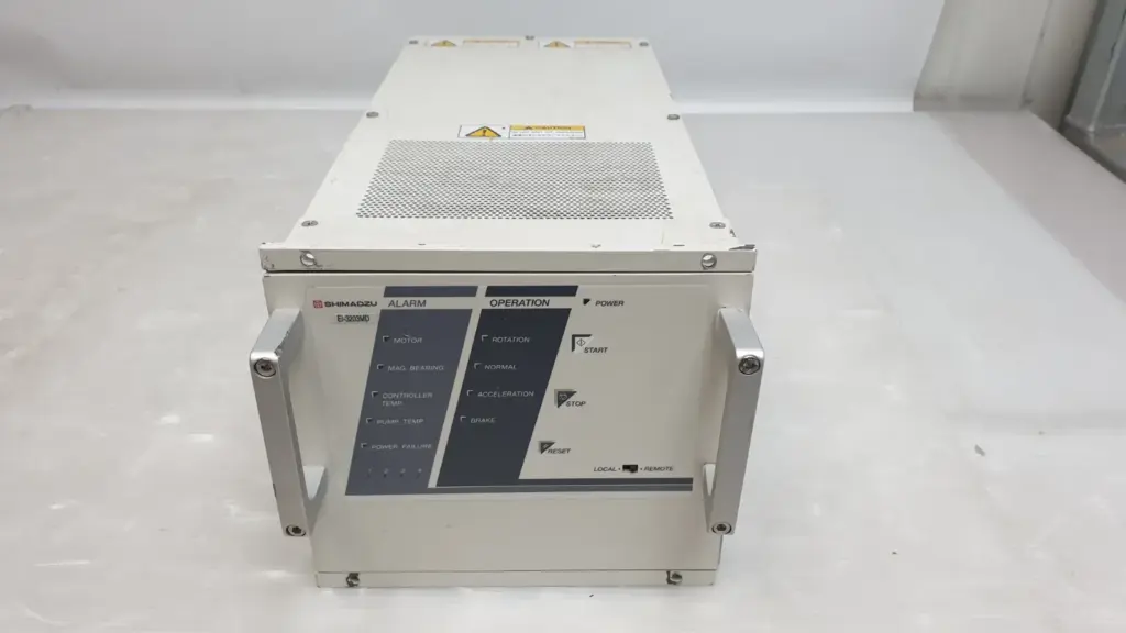 Shimadzu EI-3203MD turbomolecular pump controller with front alarm panel and handles