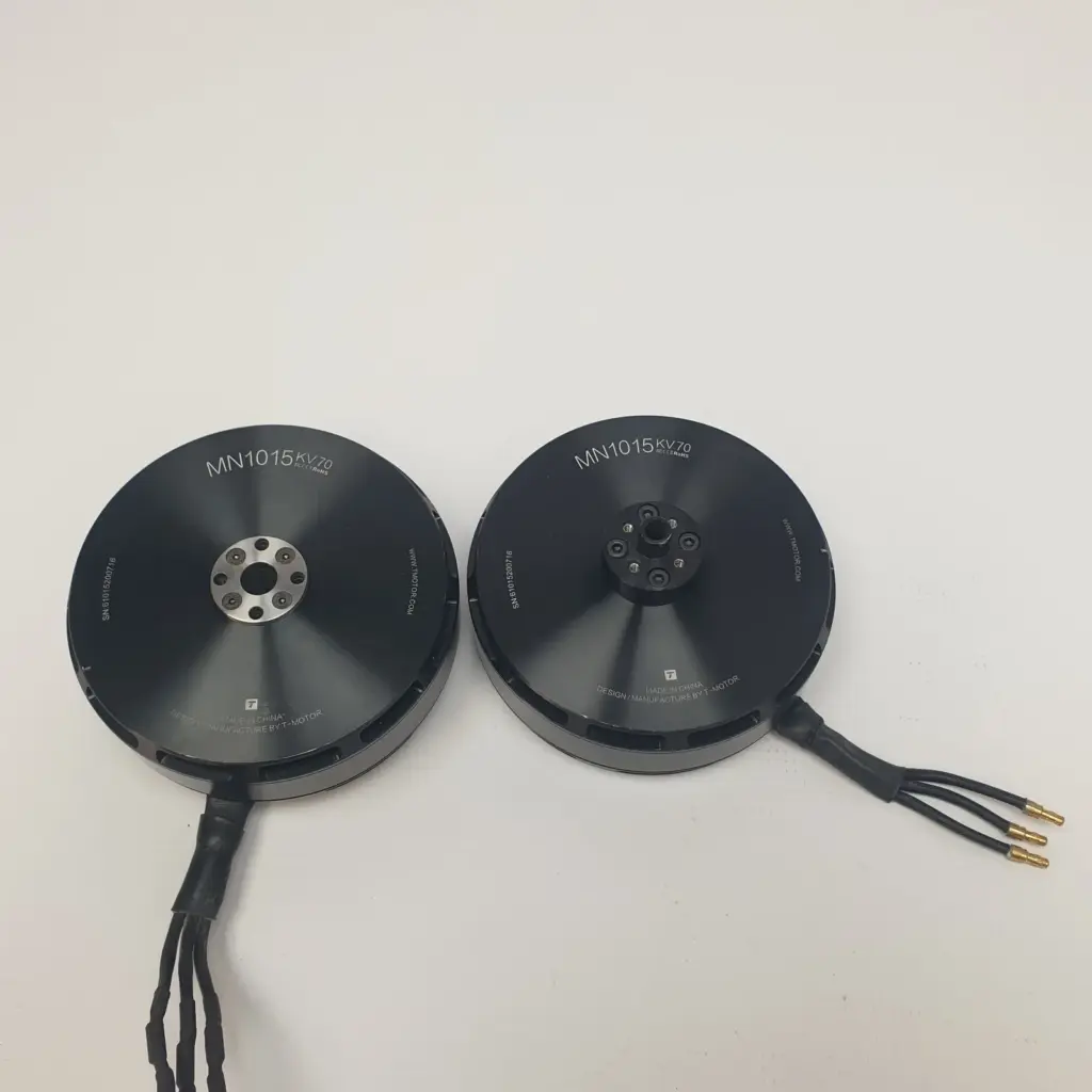 Two T-Motor MN1015 KV70 brushless drone motors with three leads and bullet connectors