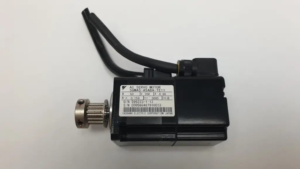 Yaskawa SGMAS-A5ABA-TE11 50 W AC servo motor with nameplate, timing pulley and cable tails