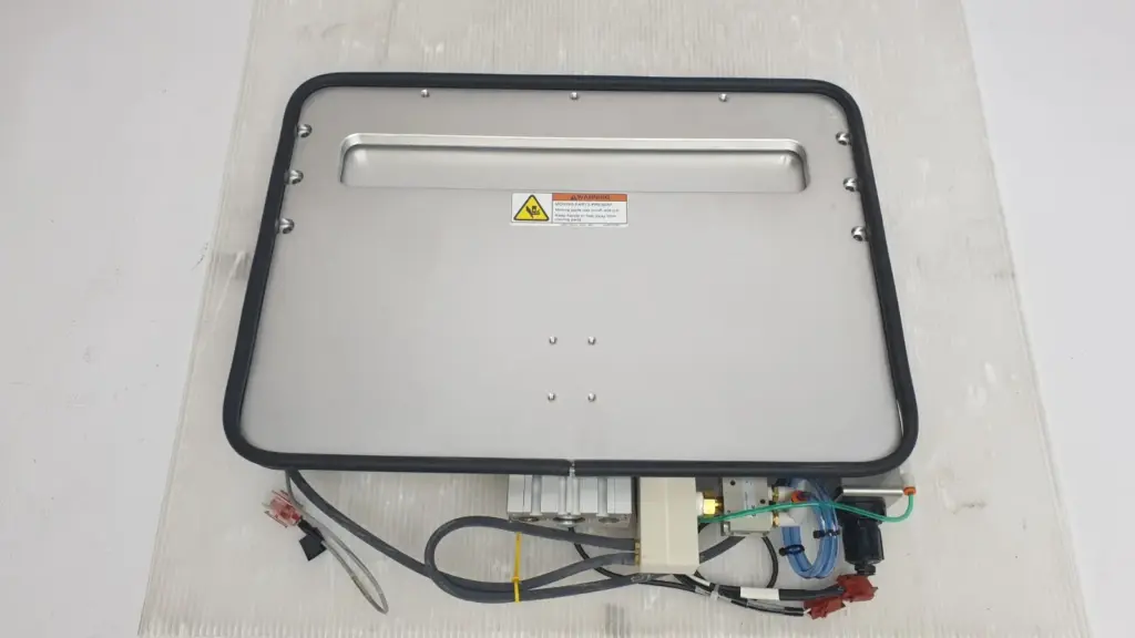 Applied Materials 0020-02590 chamber gate assembly, outer plate with black gasket, warning label and pneumatics