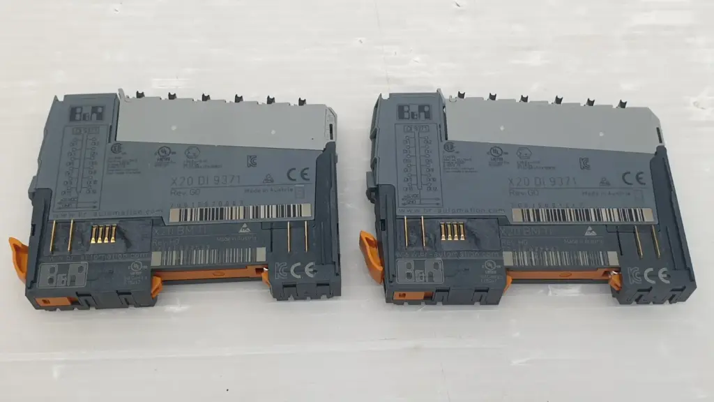 Two B&R X20DI9371 Rev. G0 digital input modules on X20BM11 Rev. H0 bus modules