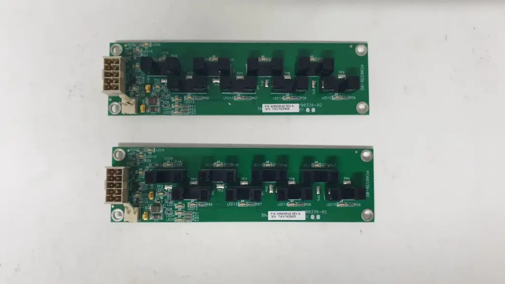 Two Bruker Jordan Valley AY00339-02 Rev A PCB board assemblies, component side