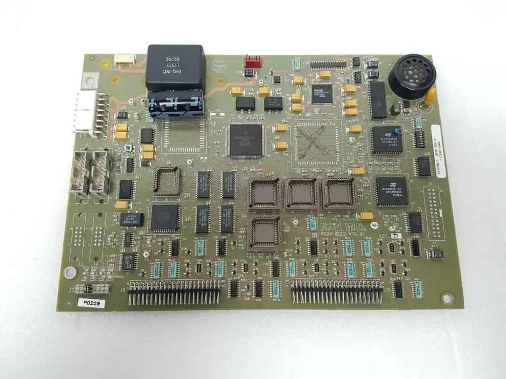 Coherent Medical graphics terminal board 0633-476-01 Rev D, component side with empty PLCC sockets