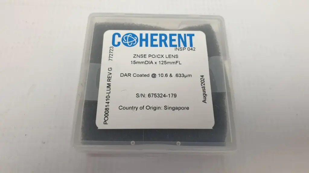 Coherent ZnSe PO/CX lens 15mm x 125mm FL in case, label PO081410-LUM Rev G