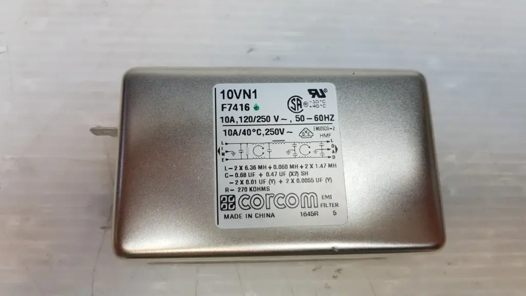 Corcom 10VN1 F7416 EMI filter label: 10A, 120/250V, 50-60Hz, schematic and component values