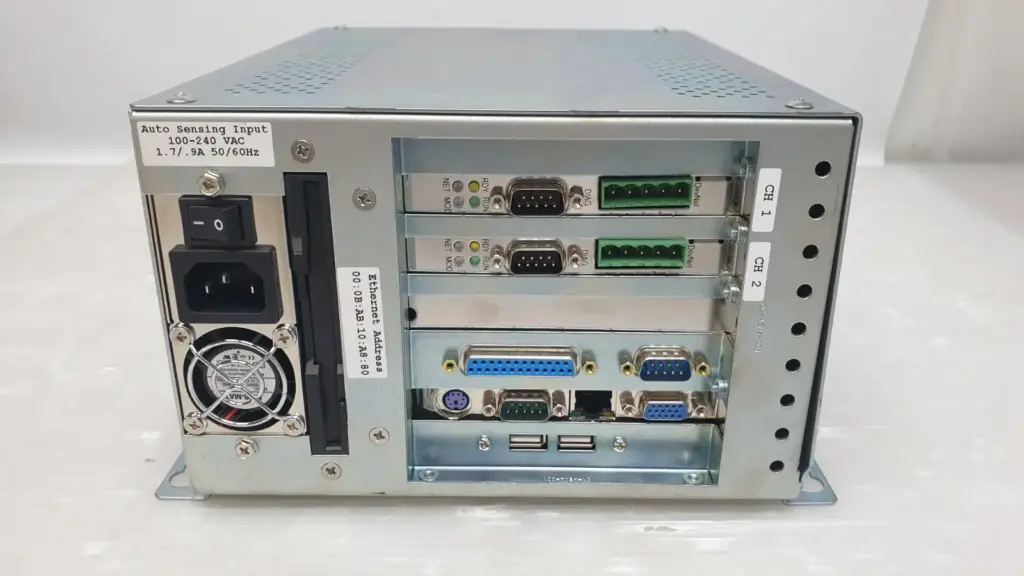 Dynics 54-123388A41 industrial PC rear: two DeviceNet cards CH 1 and CH 2, USB, VGA, Ethernet ports