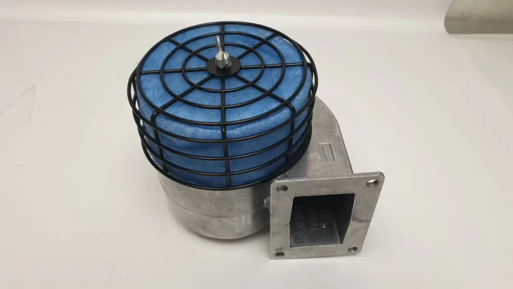 ebm-papst G2E108-AA01-50 centrifugal blower with blue intake filter, wire guard and outlet flange