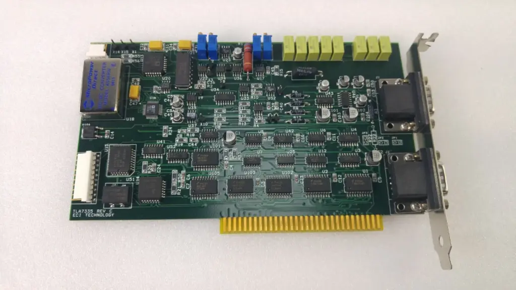 ECI Technology TLA7335 Rev C ISA board, component side, with two D-sub connectors on the bracket