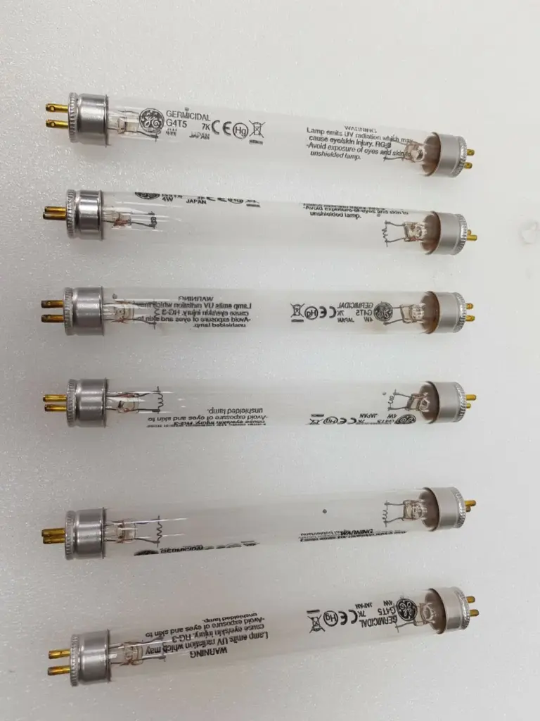 Six GE G4T5 4W germicidal UV lamps with G5 bi-pin ends