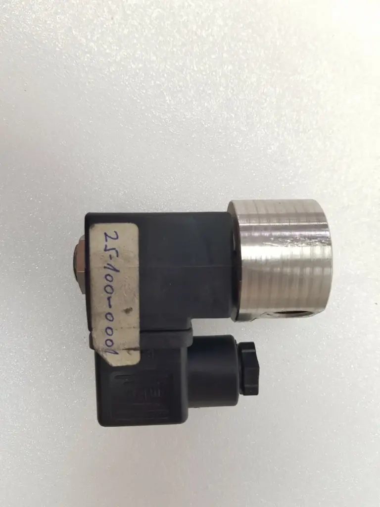 GEM-SOL solenoid coil on metal valve body, handwritten label 25-100-0001