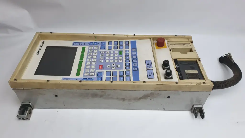 KraussMaffei MC3 operator control panel with screen, keypad, E-stop and key switches