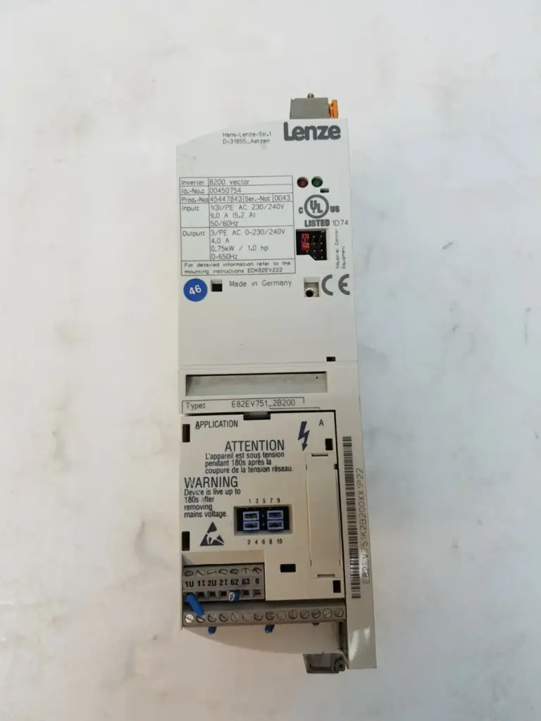 Lenze 8200 vector inverter E82EV751_2B200, front view with nameplate and APPLICATION module