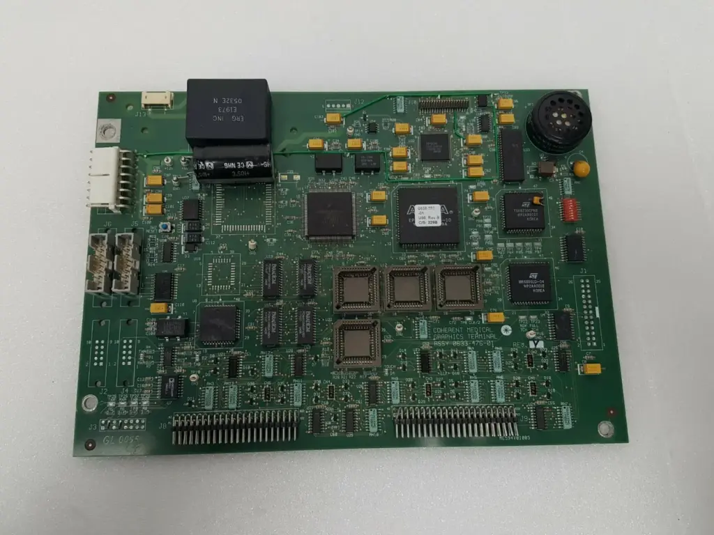 Coherent Medical Graphics Terminal board 0633-476-01 Rev Y, component side with four empty PLCC sockets