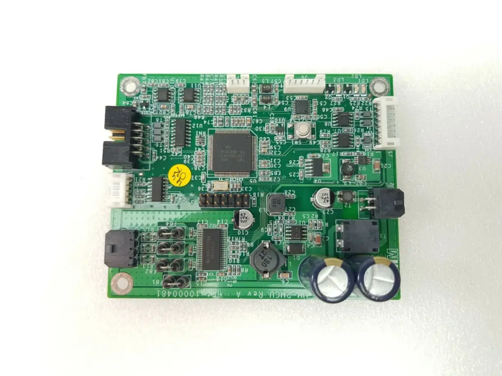 MM PMCU Rev A circuit board EA-10000481, top side with TI TMS320F28069 MCU and DRV8312 driver