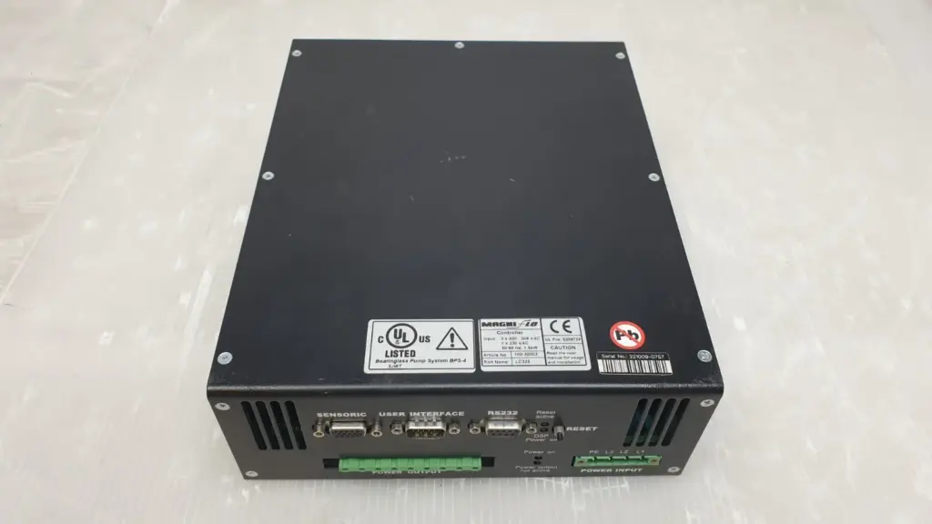 MagniFlo LC325 bearingless pump controller, top view with labels and front connectors