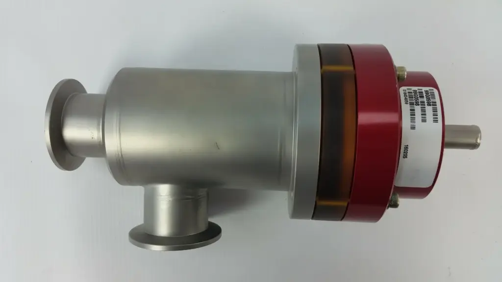 MKS HPS 99G0598 hot angle valve: stainless body, two clamp flanges, red cap with part number label